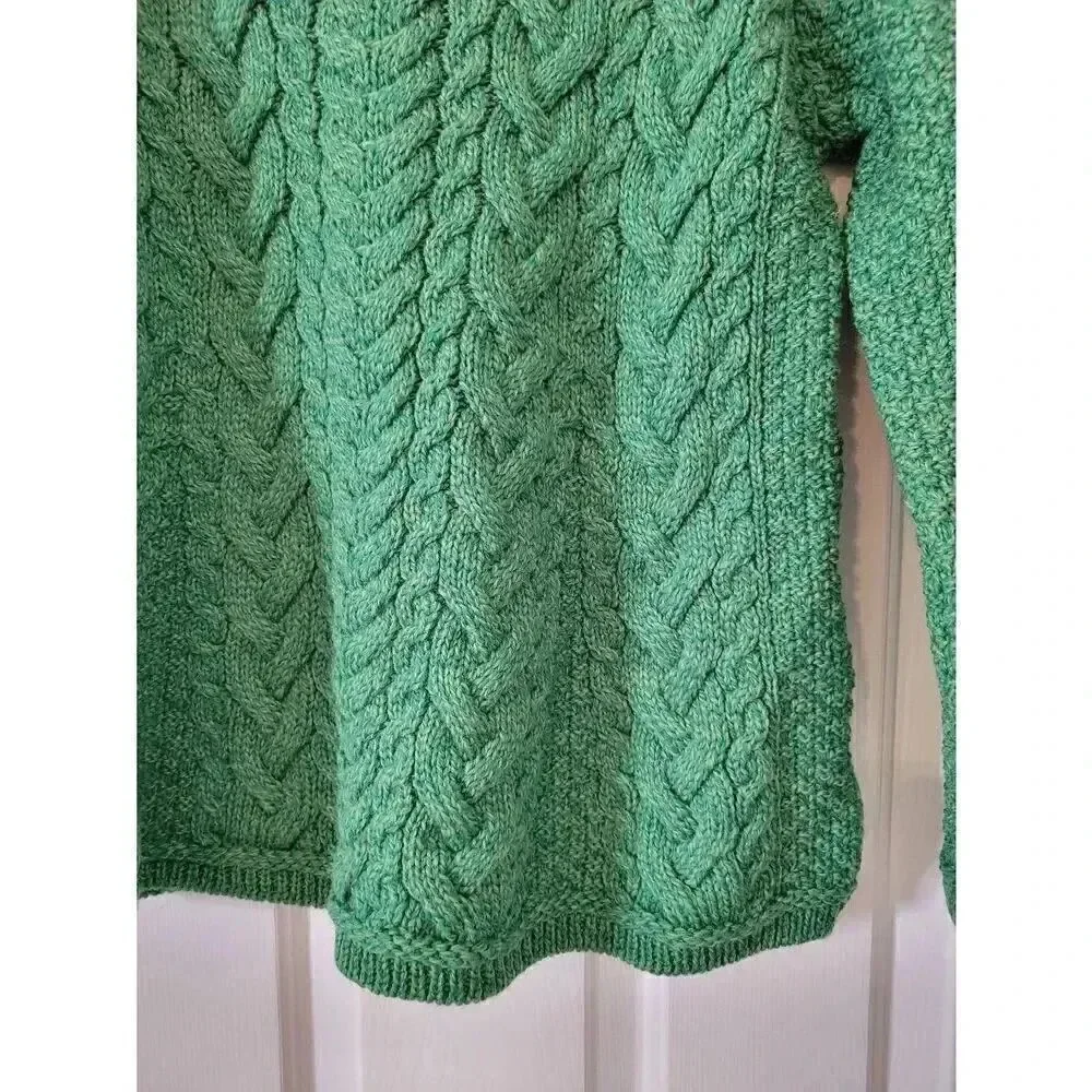 Irelandseye knitwear Primrose A-Line Cable Round Neck Sweater Green Marl L NWT $